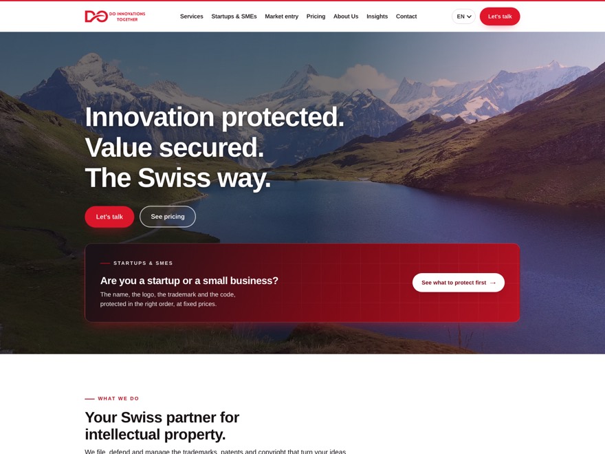 DO Innovations home page, headed “Innovation protected. Value secured. The Swiss way.” over a photograph of the Swiss Alps.