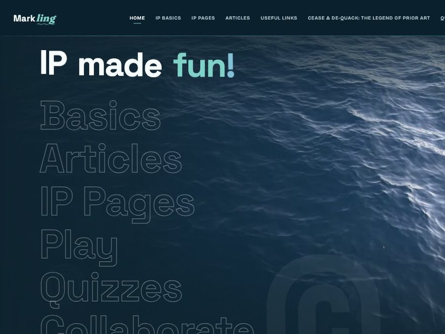 Markling home page: the wordmark and main navigation over an ocean photograph, under the headline “IP made fun!” and a list of site sections.
