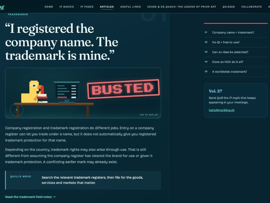 A Markling article headed “I registered the company name. The trademark is mine.”, with a pixel-art duck and a BUSTED stamp.