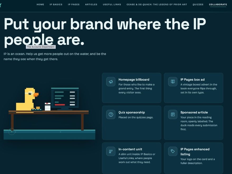 Markling’s Collaborate page, headed “Put your brand where the IP people are.”, with sponsorship placements beside a pixel-art duck at a desk.