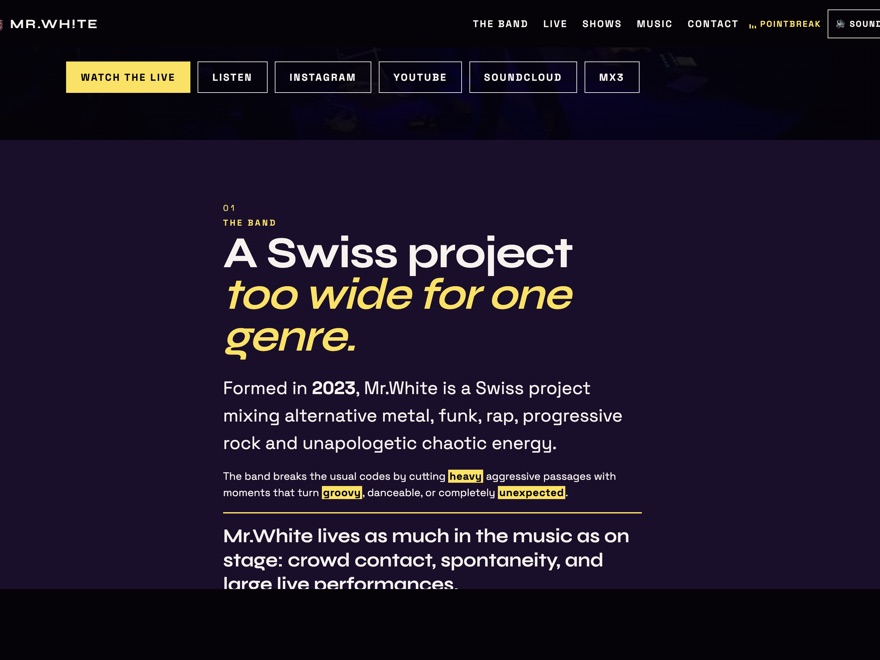 Mr.Wh!te band section, headed “A Swiss project too wide for one genre.”