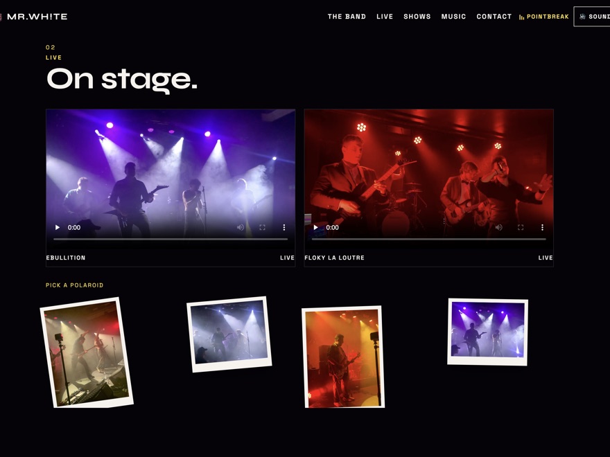 Mr.Wh!te live section, with concert videos and polaroid photographs.